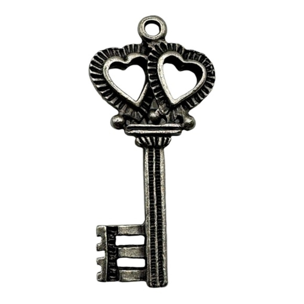 Vintage Heart Skeleton Key Pendant 1.25” Antique Silver-Tone Double Heart Design